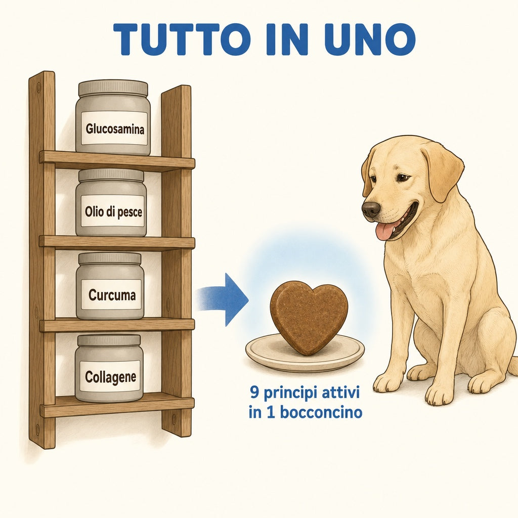 Tanti barattoli di integratori diversi riuniti in un solo bocconcino con 9 principi attivi