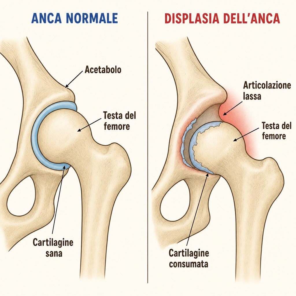 Anca normale a confronto con displasia dell'anca: testa del femore, acetabolo e cartilagine