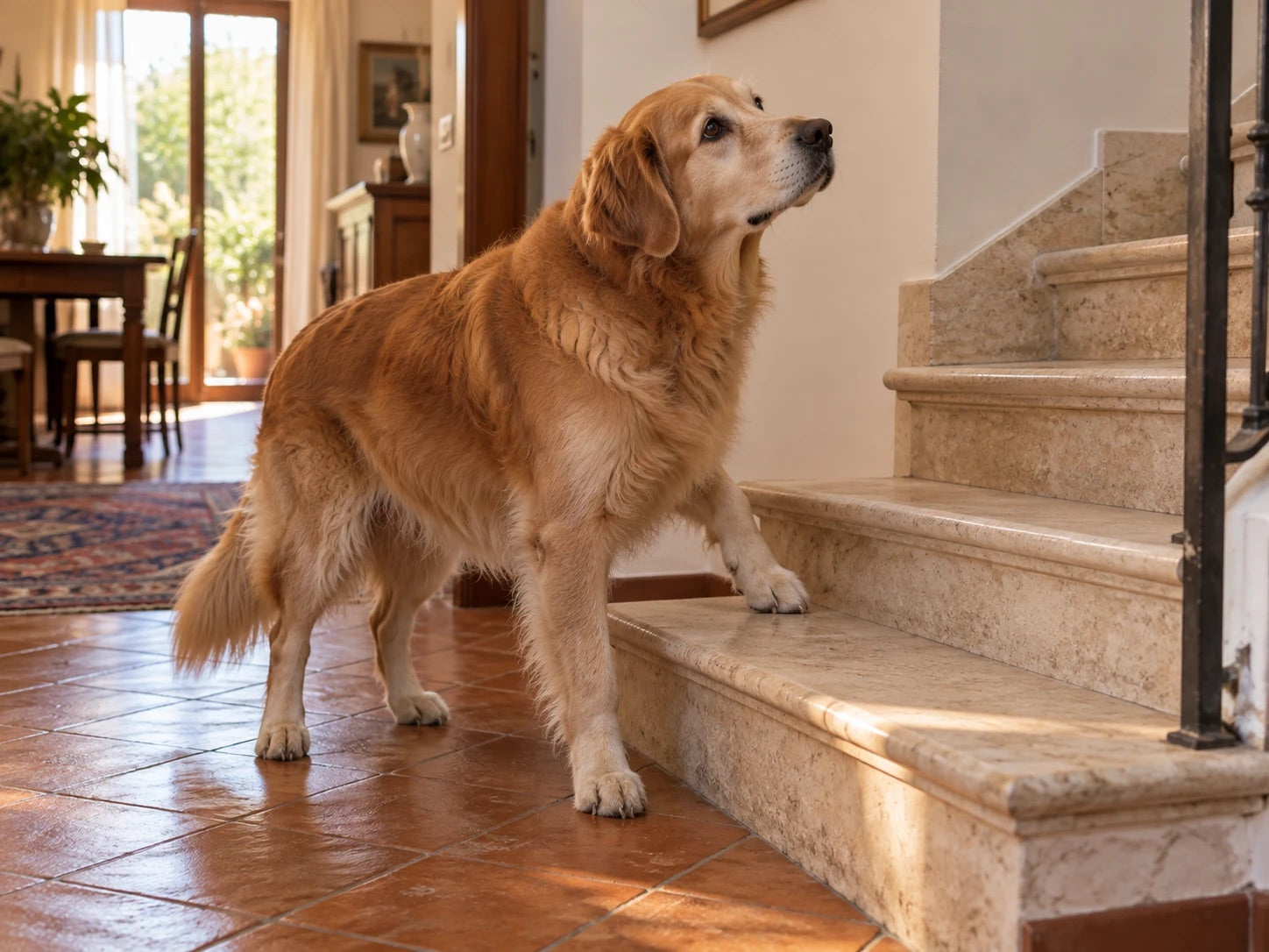 Cane che esita davanti alle scale